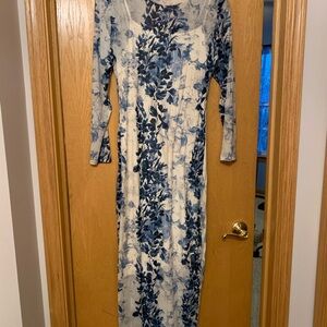 Express Blue and White Floral Long Sleeve Dress